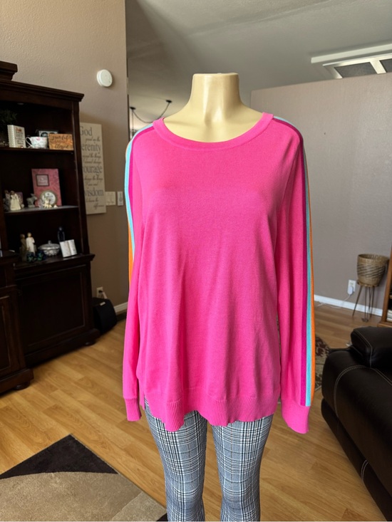Belle by Kim Gravel Sweaters - Belle by Kim Gravel Hot Pink Long Sleeve Sweater with Rainbow Sleeve Stripes-L
